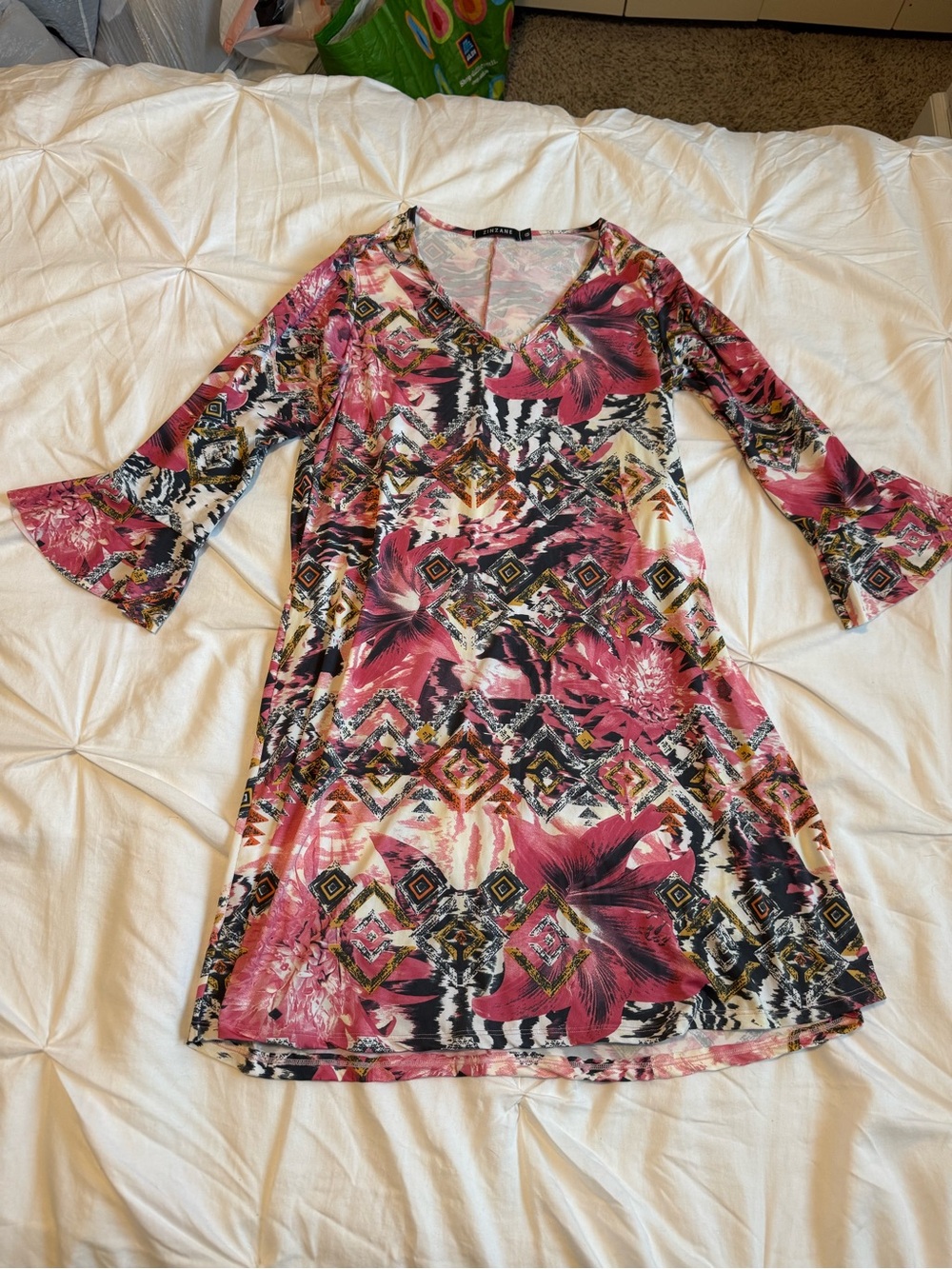 Floral Pink V-Neck Bell Sleeve Dress